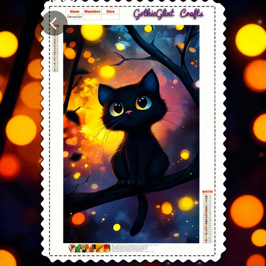 Diamond Painting kit featuring a magical black cat with glowing eyes on a branch surrounded by golden and purple lights, 40x70 cm