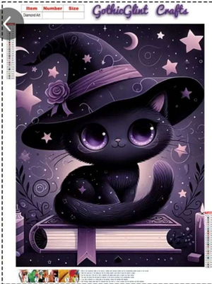 Diamond Painting chaton sorcier noir avec chapeau magique et étoiles, 35x45 cm, kit créatif enfant