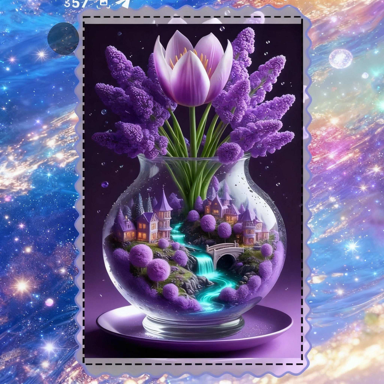 Diamond painting vase magique with purple flowers, illuminated village, and turquoise river in a translucent vase