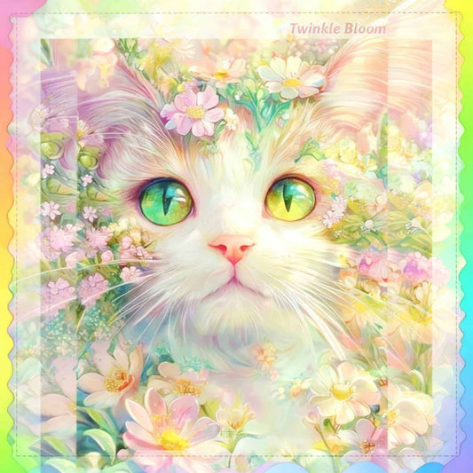 Diamond Painting of a majestic cat with emerald green eyes surrounded by luminous flowers, designed to add elegance and softness to home decor.