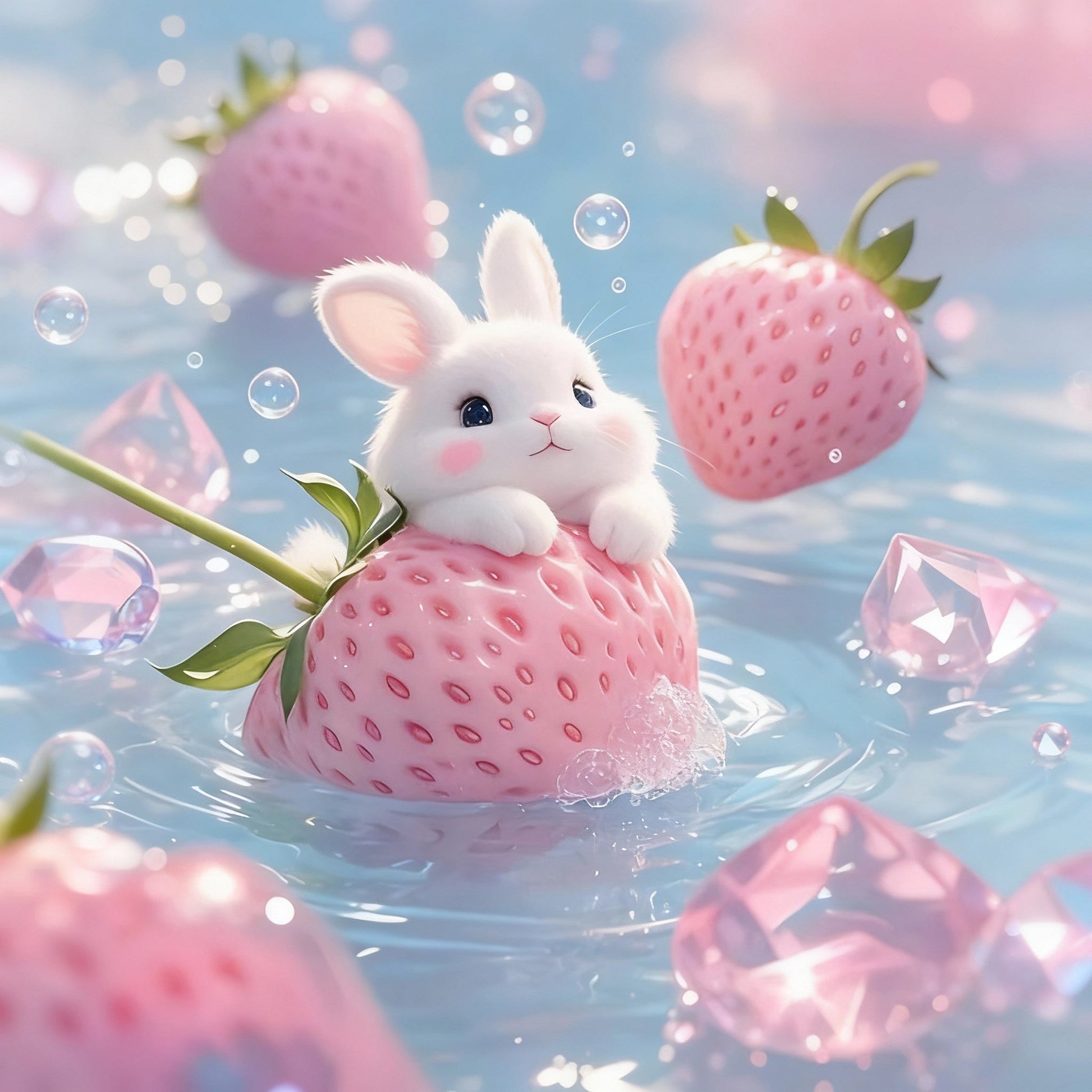 Tableau Diamant 5D with cute bunny in a strawberry surrounded by sparkling gems and bubbles