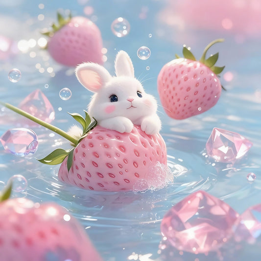 Tableau Diamant 5D with cute bunny in a strawberry surrounded by sparkling gems and bubbles