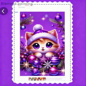 Diamond Painting festive cat with purple Christmas hat and ornaments on 40x70cm canvas with sparkling resin diamonds