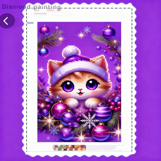 Diamond Painting festive cat with purple Christmas hat and ornaments on 40x70cm canvas with sparkling resin diamonds