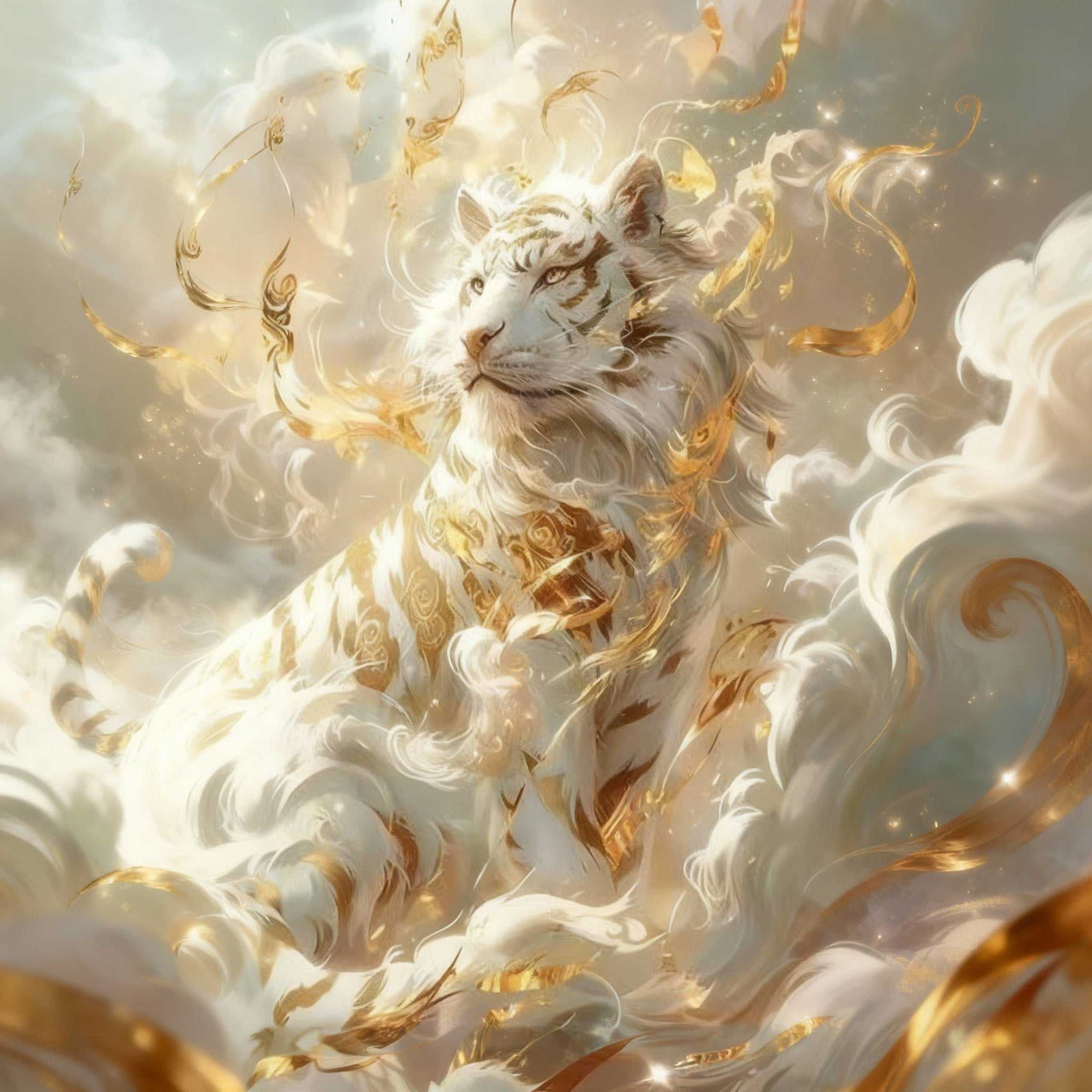 Diamond Painting Tigre Blanc Céleste with mystical white tiger and golden luminous details in XXL format