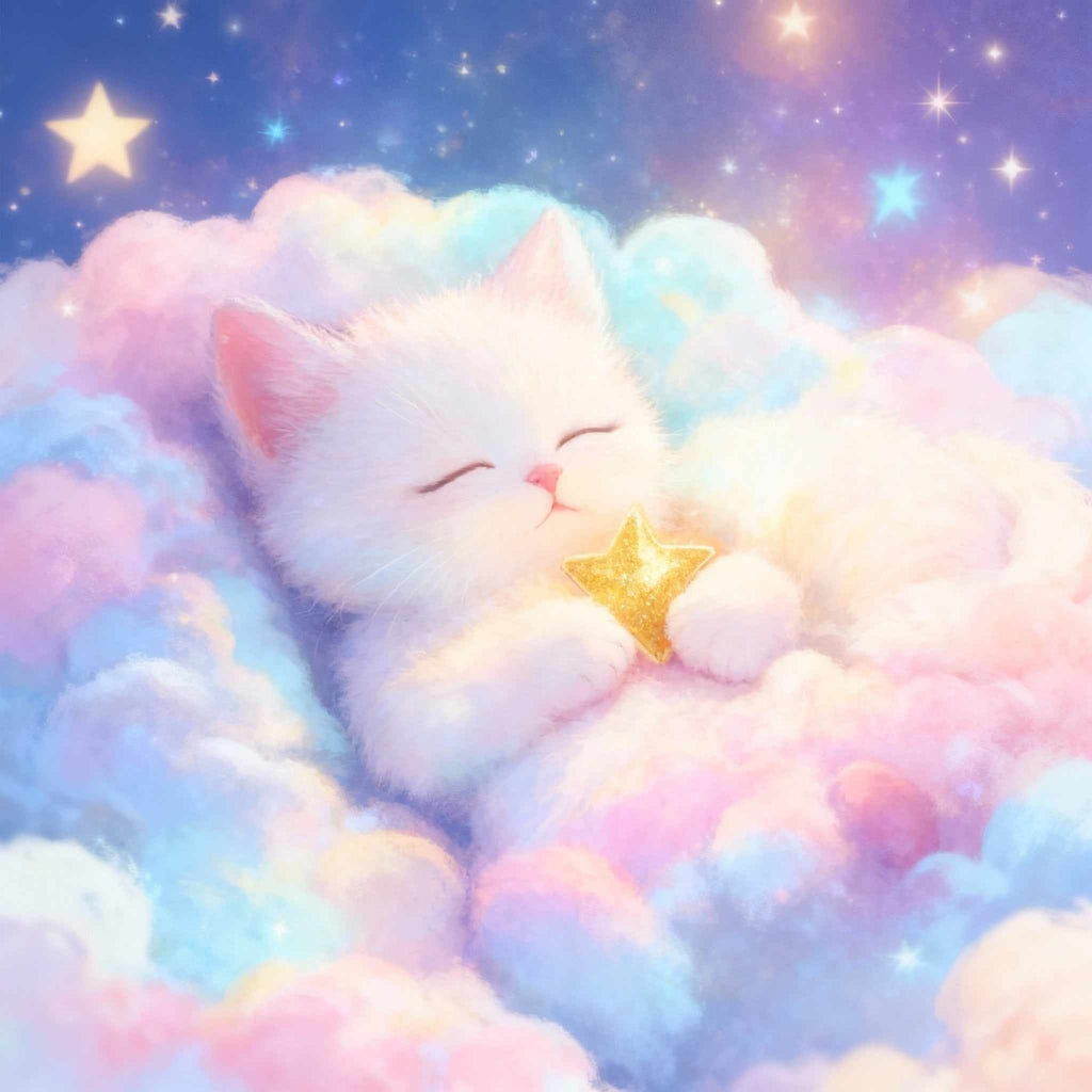 Diamond Painting chaton endormi dans les nuages tenant une étoile brillante pour décoration féerique.