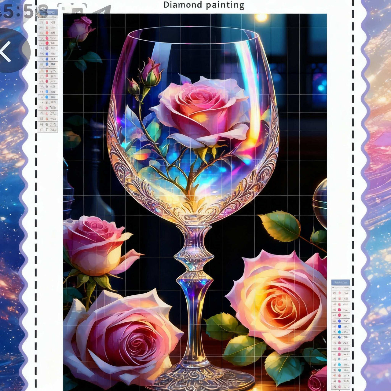 Image de l'œuvre d'art Diamond Painting Rose Cristalline Éblouissante, représentant des roses colorées dans un verre élégant. Une magnifique illustration pour les amateurs de diamond painting rose.