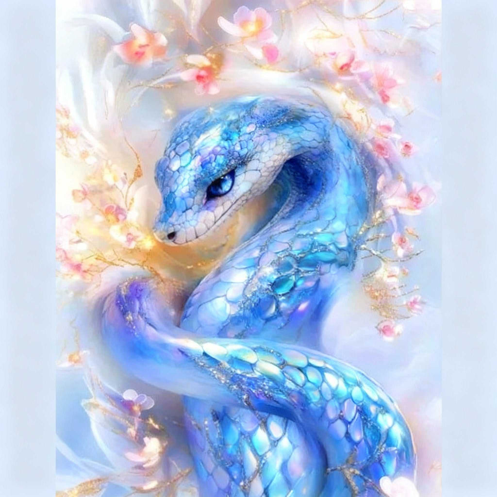 Diamond Painting serpent mystique bleu aux écailles irisées entouré de fleurs délicates colorées