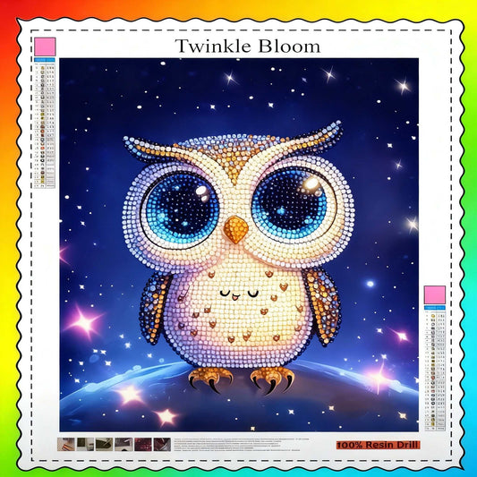 Diamond painting of a cute starry owl with big sparkling eyes on a night sky background, 35x45 cm kit with resin diamonds and tools