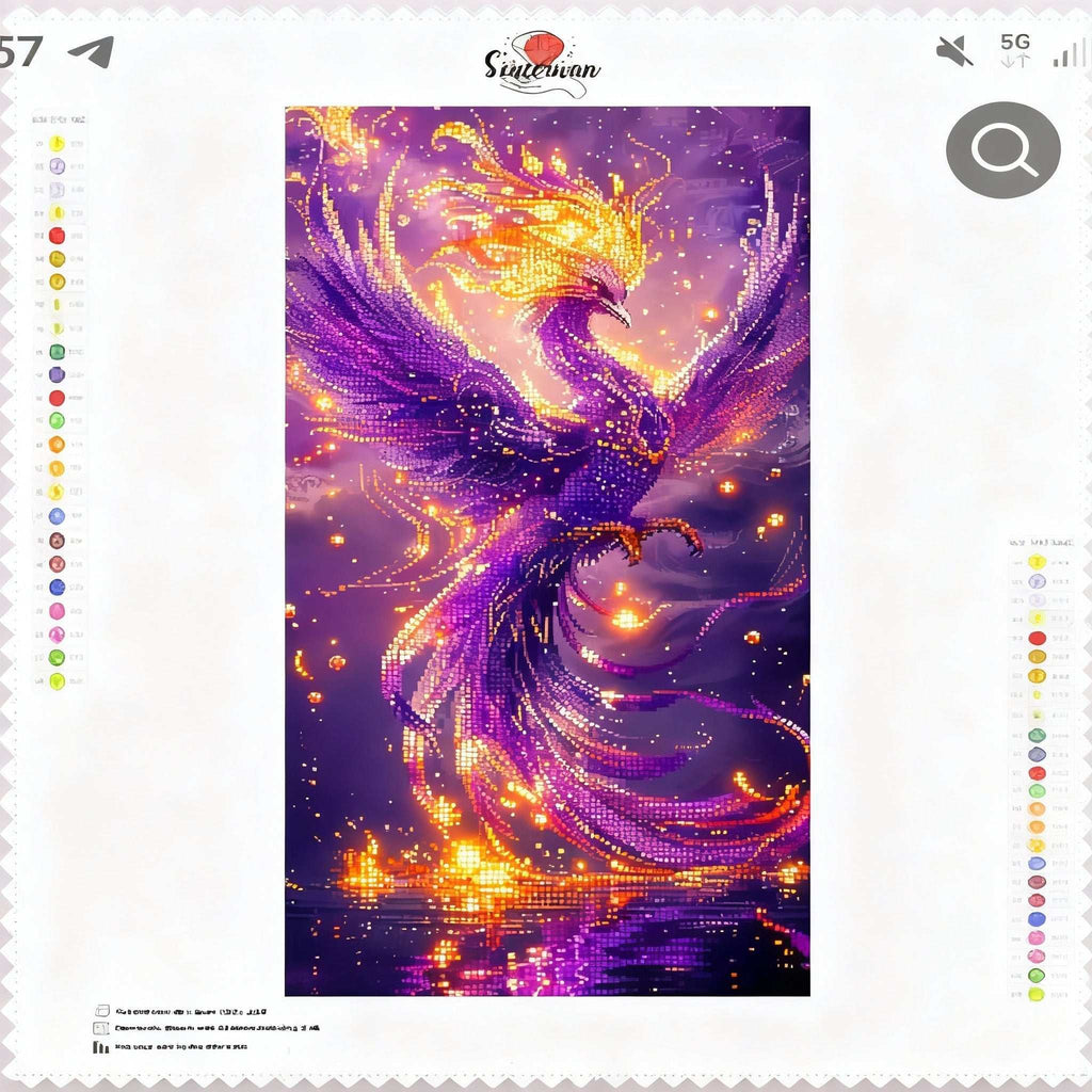 Diamond painting of a vibrant purple phoenix with golden flames, 40x70 cm adhesive canvas kit with colorful resin diamonds