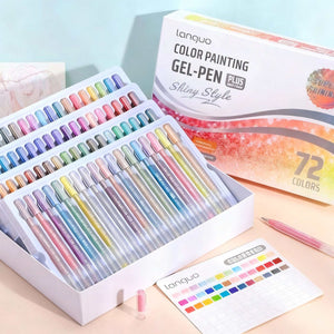 Coffret 72 stylos gel Lanquo avec 72 couleurs variées, encre gel fluide, pointe fine 0.6mm, nuancier inclus, parfait pour dessin, bullet journal et loisirs créatifs