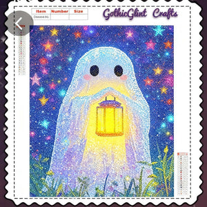 Diamond Painting Fantôme à la Lanterne glowing ghost with golden lantern and starry night background