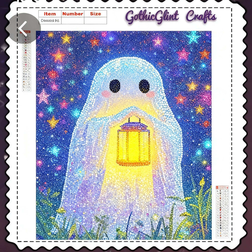 Diamond Painting Fantôme à la Lanterne glowing ghost with golden lantern and starry night background